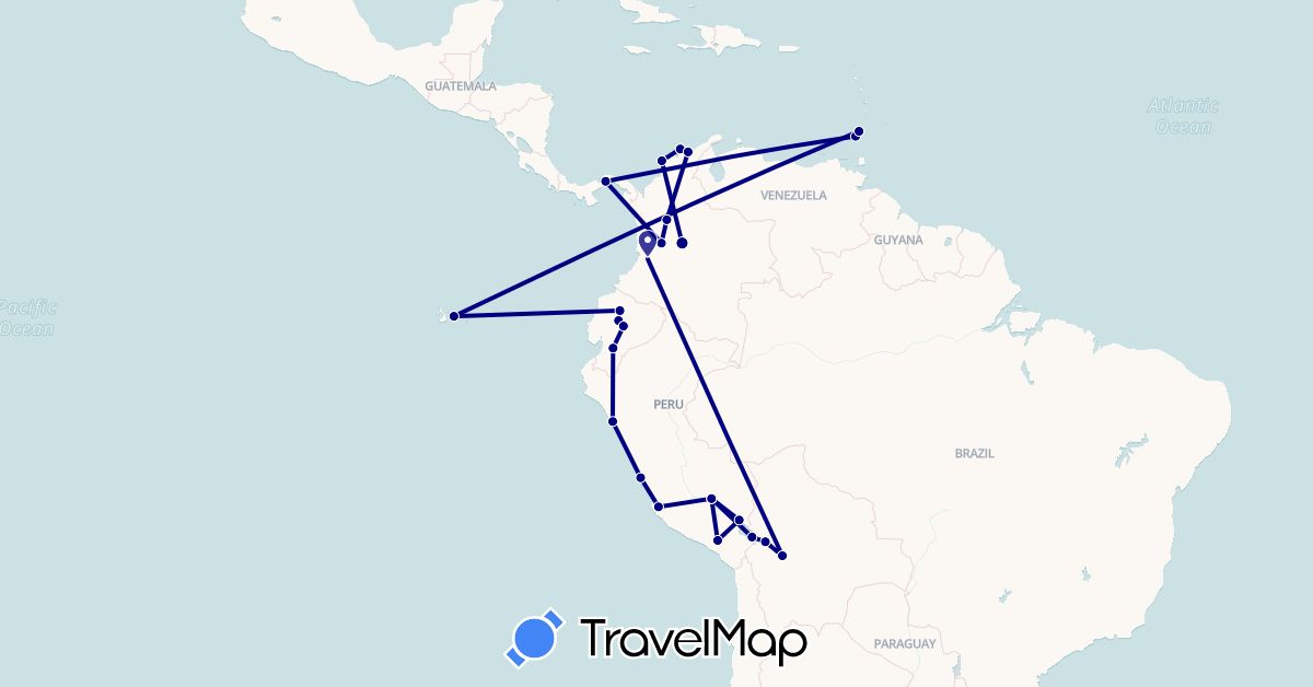 TravelMap itinerary: driving in Bolivia, Colombia, Ecuador, Grenada, Panama, Peru (North America, South America)